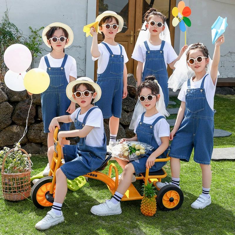 キッズ 派手 半袖シャツ 子供服 オーバーオール キッズダンス衣装 デニム ショート丈パンツ お揃い サ..