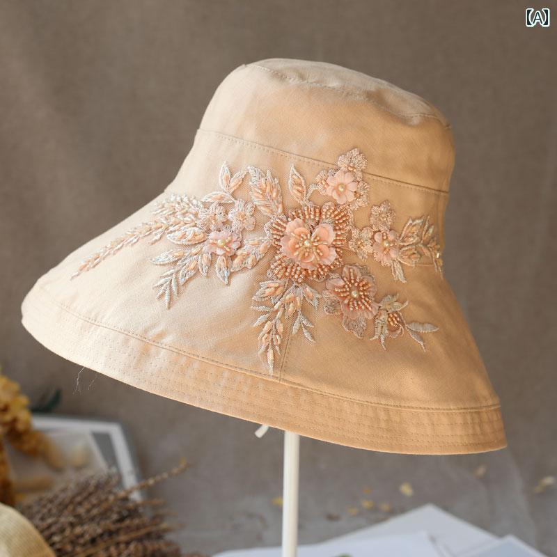 帽子 帽子 ビーズ 折りたたみ 夏 花 ハット 日よけ 布 日焼け防止 レース 手縫い 刺繍 バケット