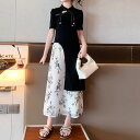 きれい カジュアル キッズ セットアップ 女の子 小学生 春夏 春夏 チャイナシャツ風トップス プリントスカート ツーピース 半袖
