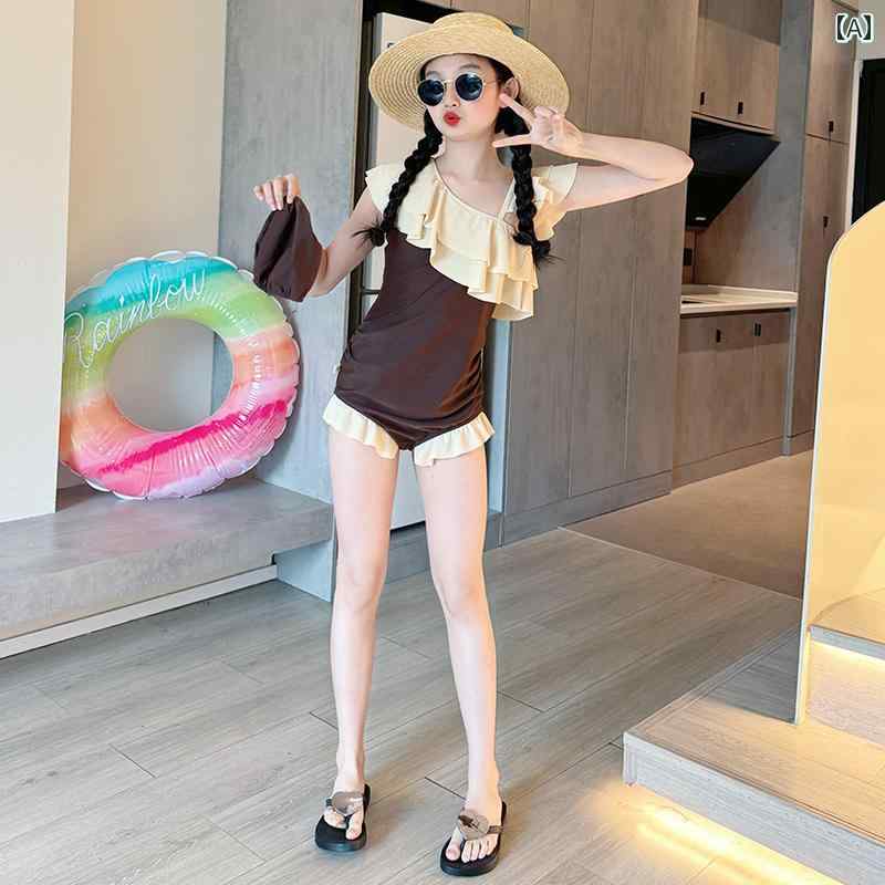 女の子 高級感 スタイリッシュ 夏 大きいサイズ ブラウン ワンピース プール 耐久性 子供 ビーチ 水着
