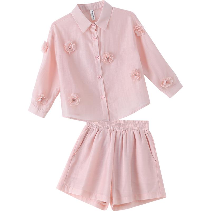 夏 パンツ ピンク ショート カジュアル ジャケット 無地 セットアップ 薄手 子供服 シャツ 女の子 日焼け防止