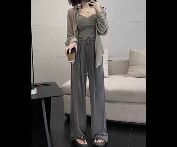 パンツ 長袖 セットアップ ウ レディース ワイドパンツ 前開き スリーピース 三点セット フルレングス シャツ 羽織 キャミソール