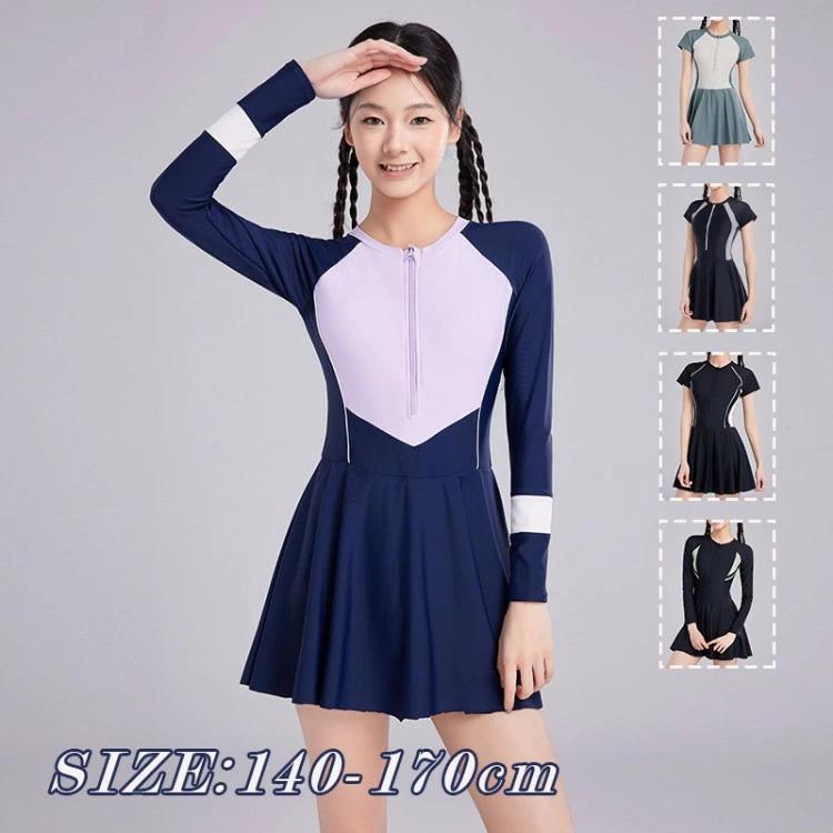 スカート付き ジュニア 高校 キッズ ワンピース型 可愛い スイムウェア セパレート風 中学生 半袖 体型カバー 学生風 水着 長袖
