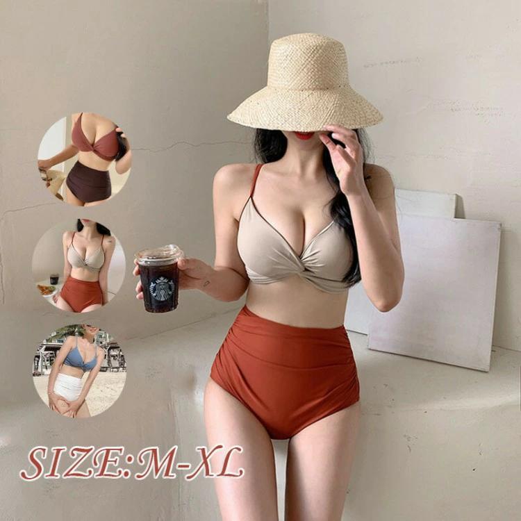 セパレート カップ付き ハイウエスト 小胸 体型カバー おしゃれ 韓国風 ビキニ風 大人可 スイムウェア ..