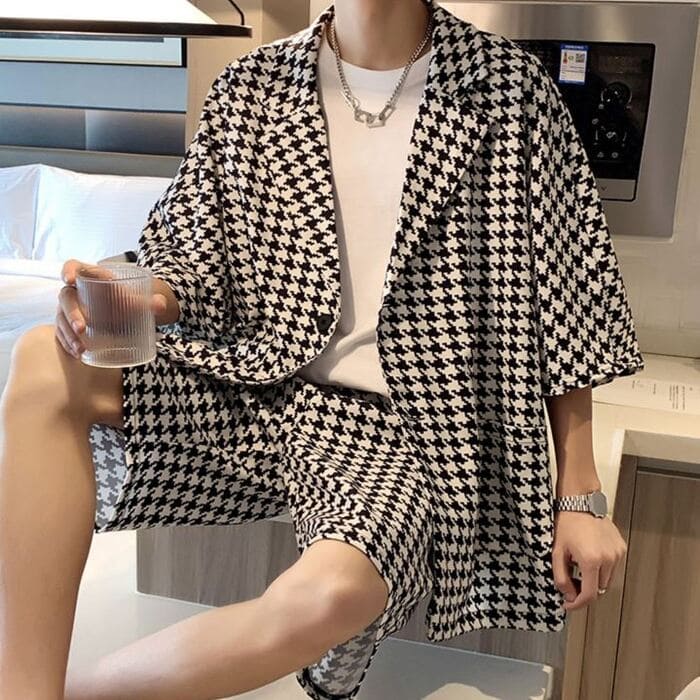 半袖ジャケット サマースーツ メンズ 夏 高校 ストリート ハーフパンツ セットアップ カジュアルスーツ 韓国 千鳥格子 通勤 原宿