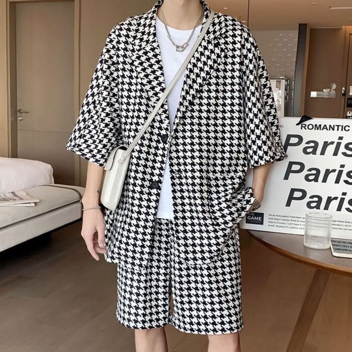 半袖ジャケット サマースーツ メンズ 夏 高校 ストリート ハーフパンツ セットアップ カジュアルスーツ 韓国 千鳥格子 通勤 原宿