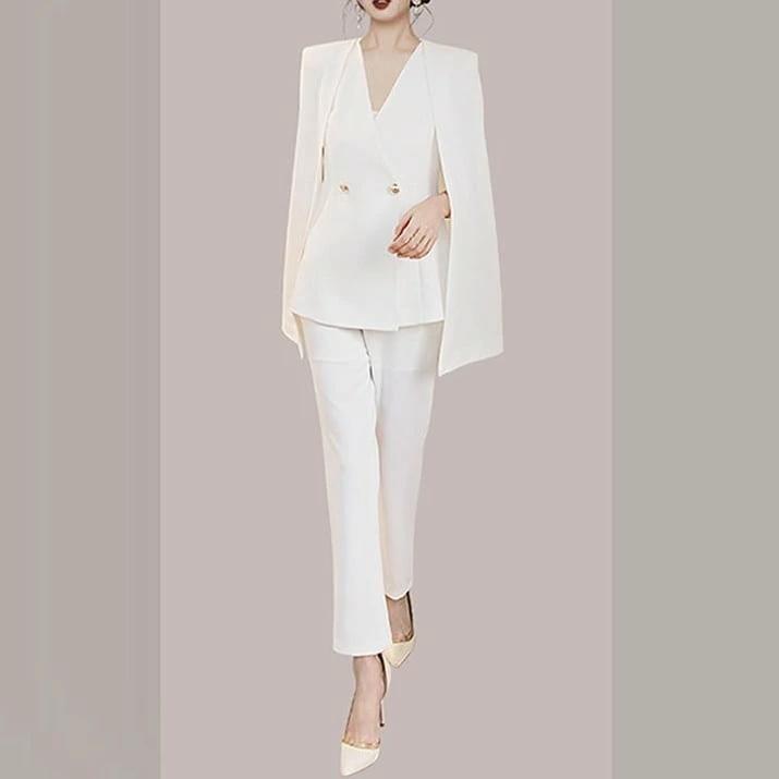 アンクル丈 ロング ジャケット スラックス ボトムス 長袖 ケープ風 ノーカラー パンツ スーツ メタルボタン スリム ハイウエス