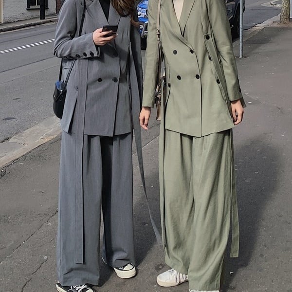スーツ ツータック ワイドパンツ 2点セット レトロ マニッシュ 上下セット ツー 袖あり 長袖 上着 ジャケット ビッグシルエット