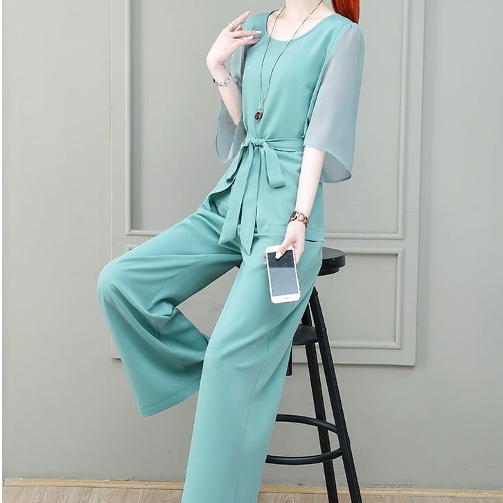 ワイド ボウタイ シ パンツ リボン スーツ シフォン ミモレ丈 ブラウス 2点セット 透け感 ウエストマーク ハイウエスト 切り替え