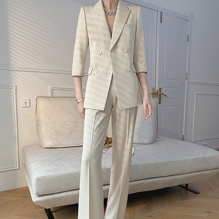 ハイウエスト パンツ ストレート 長袖 ビ ロング レトロ 襟付き ジャケット センタープレス Vネック スーツ セミフレア ボトムス