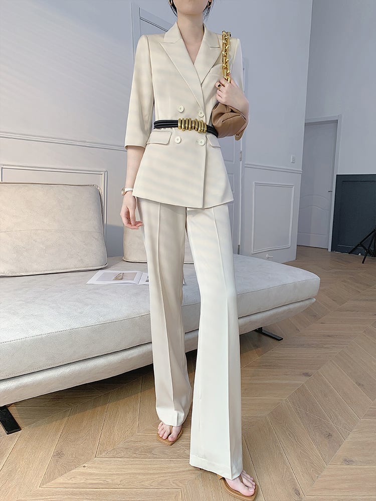 ハイウエスト パンツ ストレート 長袖 ビ ロング レトロ 襟付き ジャケット センタープレス Vネック スーツ セミフレア ボトムス