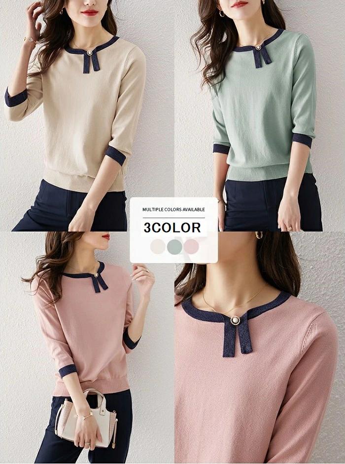 チュニック トップス 半袖 Tシャツ ニット カットソー セーター トップス プルオーバー 七分袖 クルーネック 丸ネック パール エ