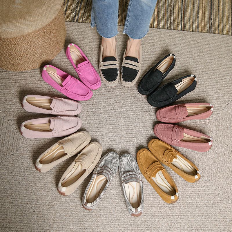 レジャーローファー パンプス レディース 靴 フラットシューズ バレエシューズ ワンステップ ラウンドトゥ ニット編み スクエア