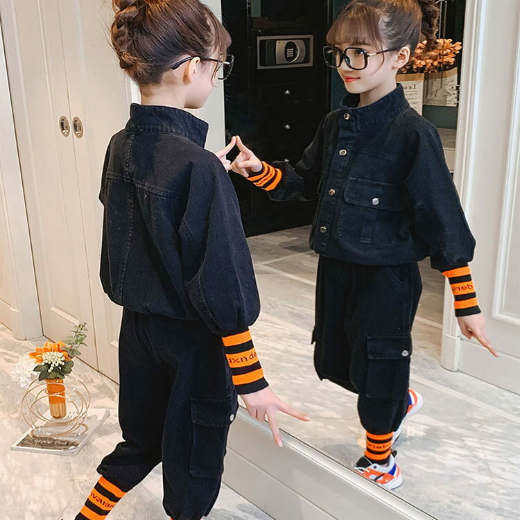 長袖 コート+長ズボン 子供用 おしゃれ 上下セット 可愛い デニム 女児 上品 子供服 キ 女の子春 カジュアル お出かけ 無地 秋