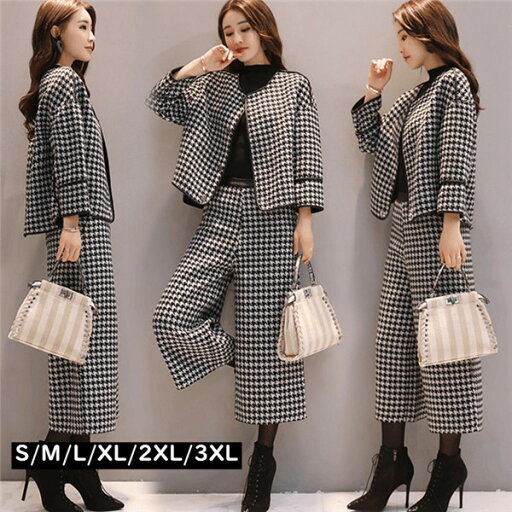 黒 謝恩会 SML2L3L 大きいサイズ 七五三 ツイードセットアップス パンツスーツ ママスーツ 千鳥格子 フォーマル