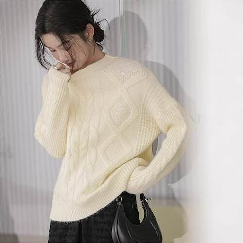 ケーブルニットセーター 大人可愛い 長袖 アランニット ラウンドネック プルオーバー モコモコ シ フワフワ ふわふわ レディース