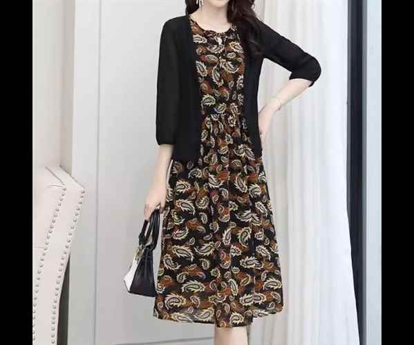 7分袖 羽織 ラウンドネック 前開き レディース ワンピース 膝丈 プルオーバー Aラ ミモレ カーディガン ツーピース セットアップ