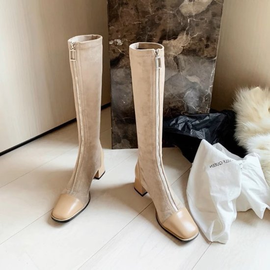 レディース 切り替え ミドルヒール フロントファスナー 異素材ミックス 太ヒール センタージップ ロン スクエアトゥ 4.5cmヒール