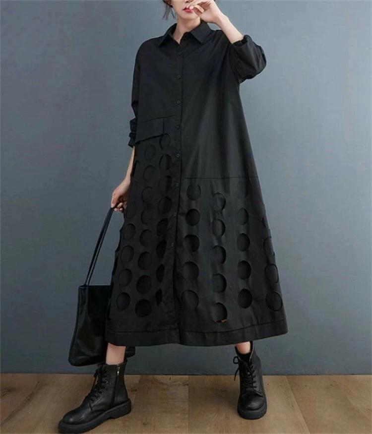 美脚 上品 春 ロング 冬 春秋 通勤 長袖 モード シャツ カットワークワンピース カットワーク シャツワ..