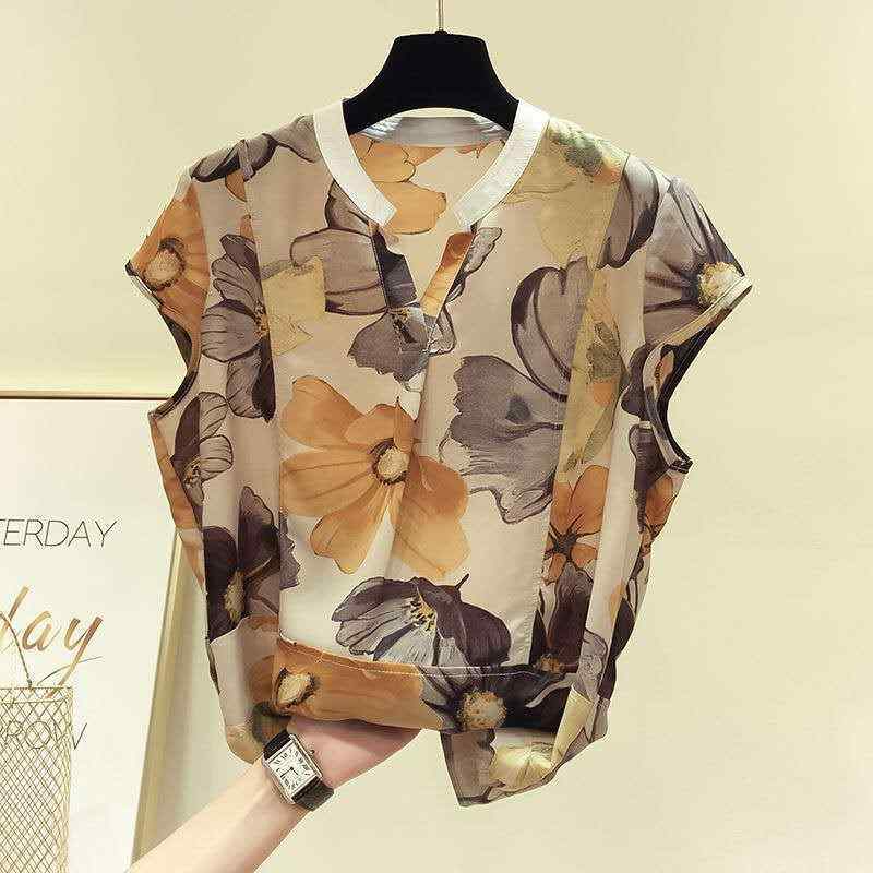 シャツ 半袖 トップス Vネック 婦人服 シンプル 上品カジュアル ファッション カワイイ 夏 花柄 コーデ レディース 春 ゆったり シフォンシャツ オシャレ きれいめ ナチュラル(4)