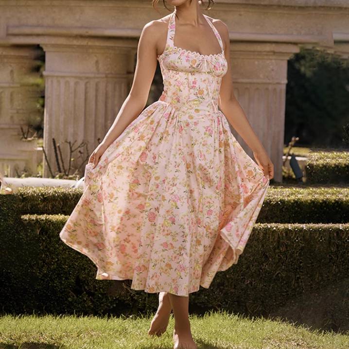 ノースリーブ フェミニン ワンピース ロングスカート ホルターネック Aライン リ ドレス 襟なし スカート フレア 袖なし ミモレ