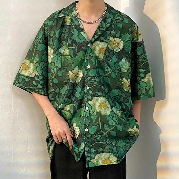 グリーン ヒップホップ オープンカラー アート 大きいサイズ ボタニカル柄 ダンス 半袖シャツ 開襟シャ..