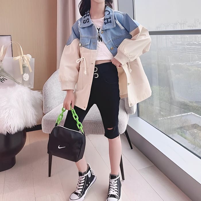 ウエストシェイプ キッズ 通学 長袖 小学生 ウインドブレーカー カジュアル スプリングコート 春秋 アウター デニム切替 女の子