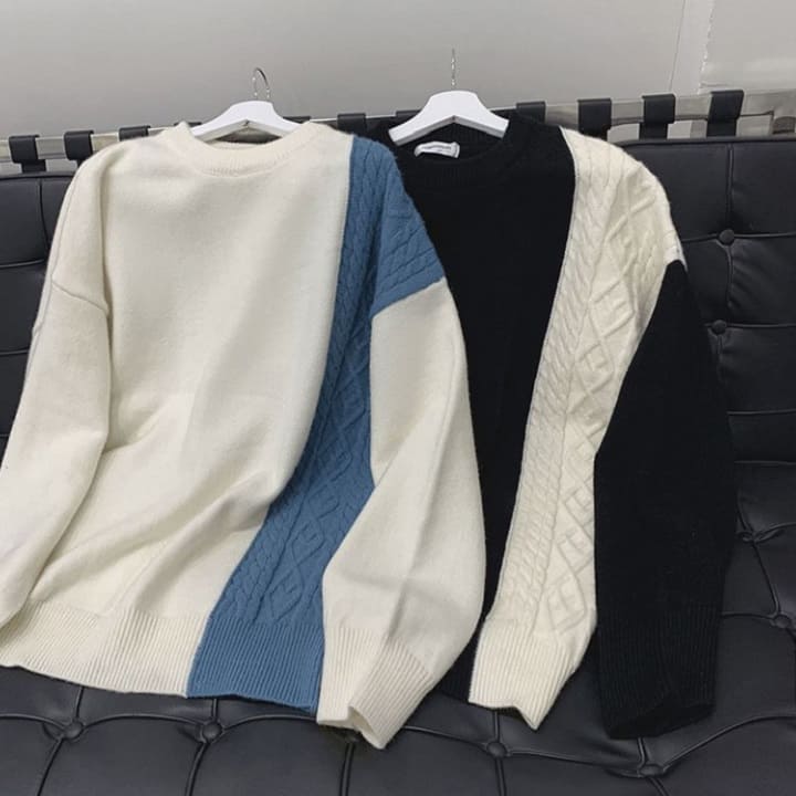 メンズ プルオーバー ニット 切り替え 秋冬春 トップス 長袖 韓国 ラウンドネック 13494