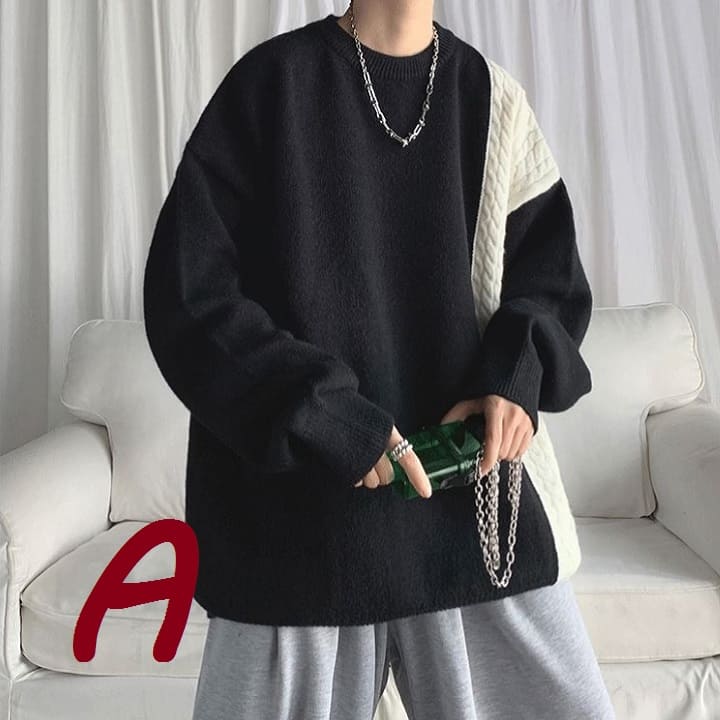 メンズ プルオーバー ニット 切り替え 秋冬春 トップス 長袖 韓国 ラウンドネック 13494