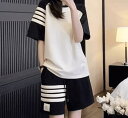 レディース 韓国 春夏 ファッション 半袖 高校生 2点セット リラックス ハーフパンツ セットアップ ツーピース ライン入 Tシャツ
