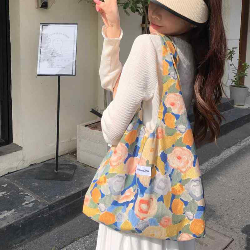 女性用 キャンバス ピンク エコバッグ イエロー オレンジ やわら フラワー大容量 トートバッグ 花柄 レディース マザーズバッグ