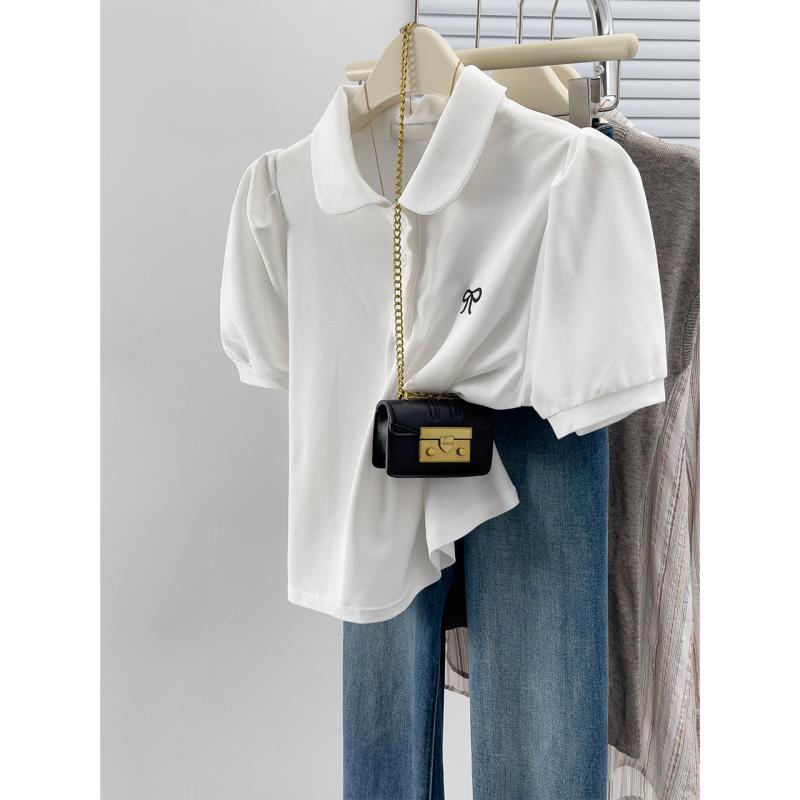 白 婦人服 ファッション シンプル 春 コーデ パフスリーブ ナチュラル カワイイ トップス Tシャツ 夏 レディース きれいめ オシャレ 半袖 上品カジュアル シンプル ポロカラー