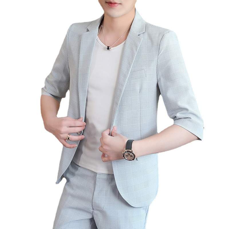 2点セット 夏ジャケット セットアップ 七分袖 高品質 ジャケット+パンツ メンズ ブレザー カジュアル 男性 ブレザー チェック柄