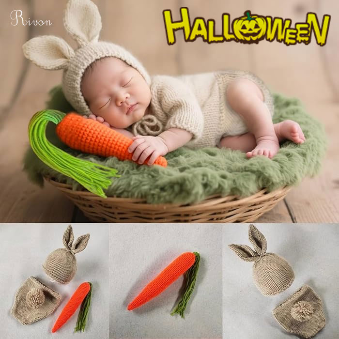 ベビー ニンジン うさぎコスチューム 新生児 ウサギ ニューボーン 赤ちゃん 寝相アート ニット帽セット..