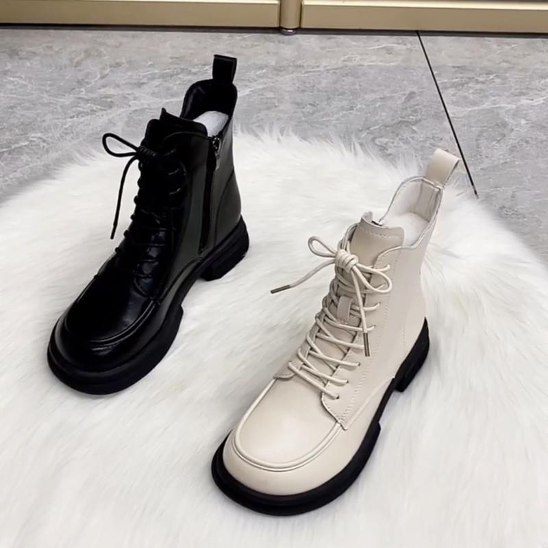 ローヒール ローファー レディース 韓国風 黒 かっこいい ミドル丈 レトロ レースアップ ブーツ スニーカーブーツ 白 ショート丈