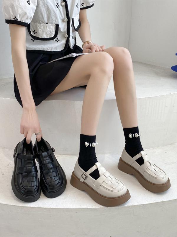 かわいい ハイヒール くつ おしゃれ レディース クツ 通学 靴 学生 格子 無地 5c 厚底 韓国風 白 紐な..