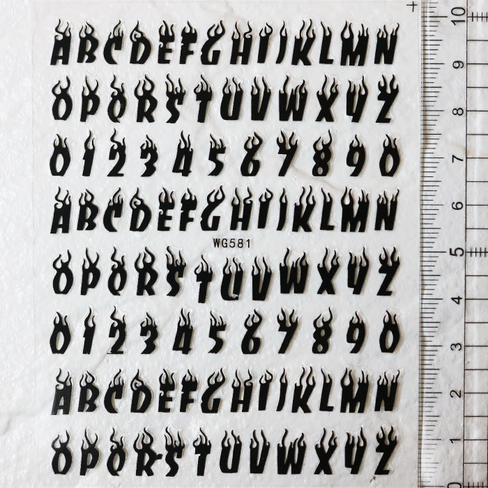 ネイルシール◎ファイヤー イニシャル アルファベット ナンバー 数字 英字 炎 ブラック 黒 貼るタイプ