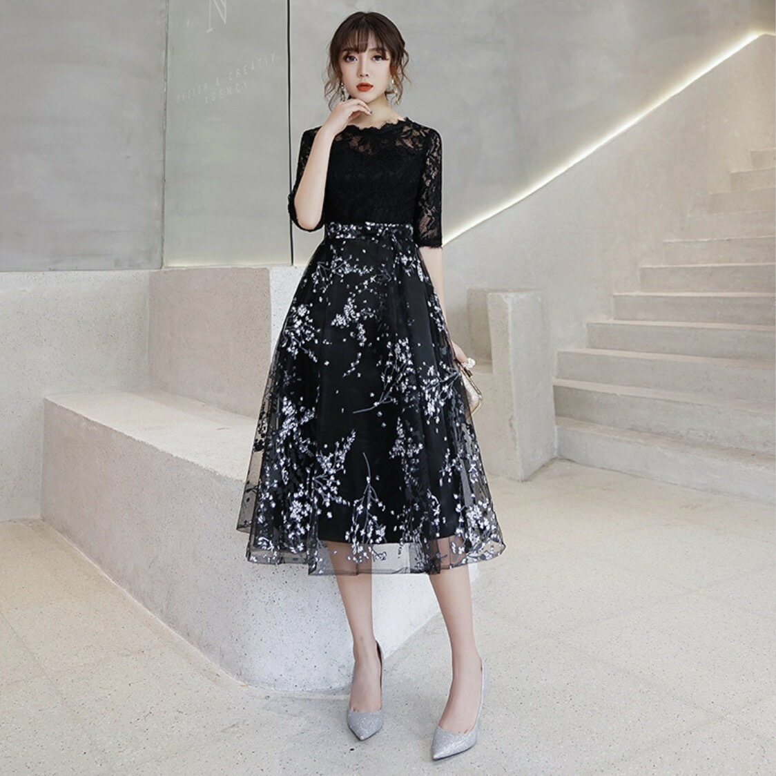 結婚式ドレス 結婚式ワンピース お呼ばれドレス パーティードレス 結婚式 お呼ばれ 二次会 披露宴 レディース 謝恩会 発表会 成人式 かわいい 可愛い 大人可愛い 人気 ミモレ丈 aライン 袖あり シースルー ドレス 結婚式 ワンピース チュール ミディ丈 レース 五分袖