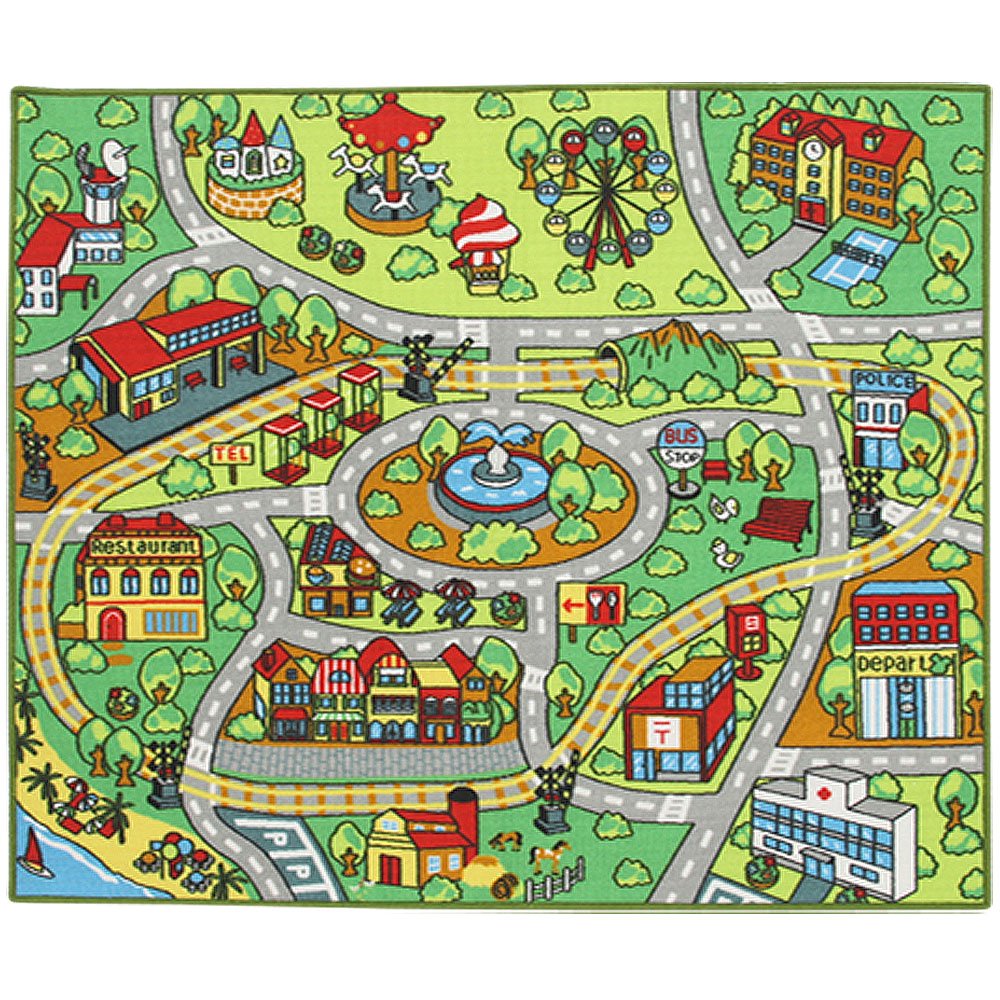 ぼん家具 キッズマット ラグ 洗える 撥水加工 道路 プレイマット 子供用 100(幅)×140(奥)×0.6(厚)cm(3歳以上)