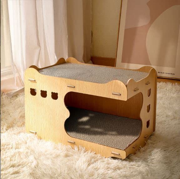 キャットハウス 猫 爪とぎ 猫おもちゃ 二層 組み立て式 木製 ストレス解消 ダンボールハウス 室内 猫小屋 ボックス (タイプA（爪とぎ2枚付属）)