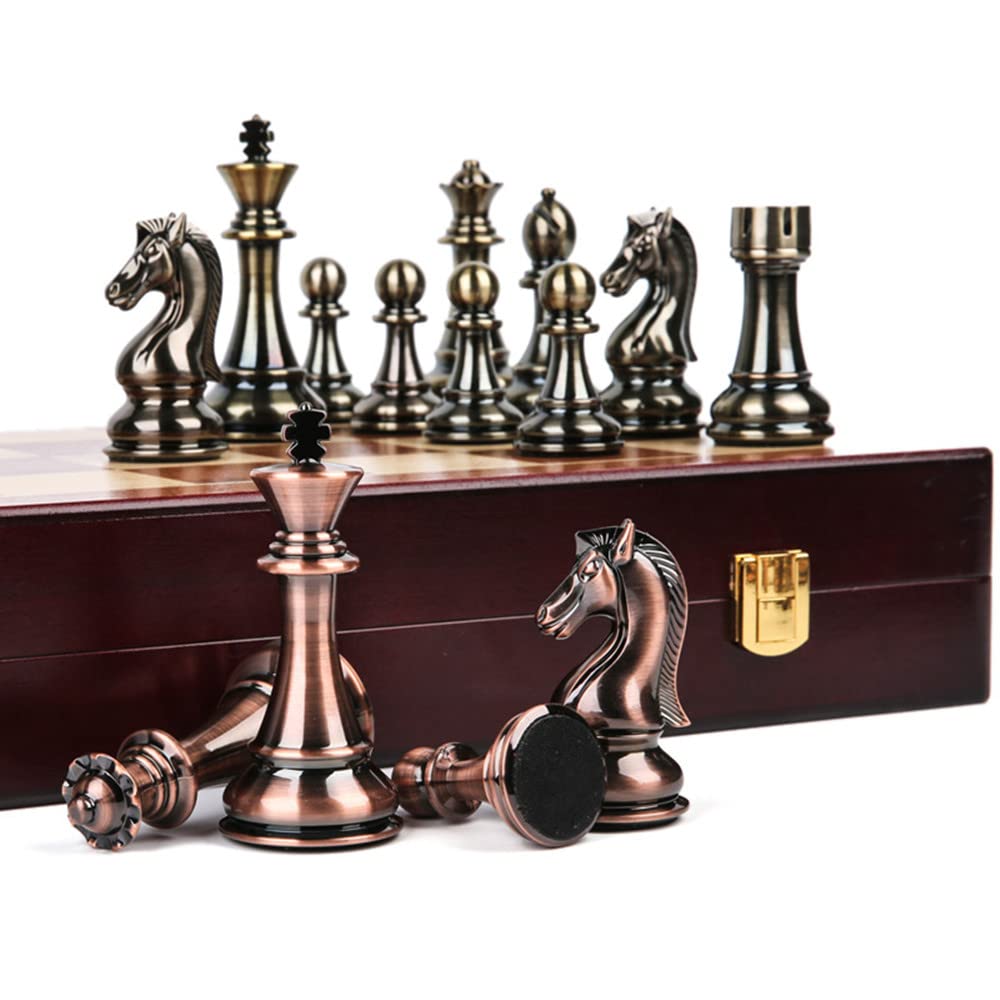 国際木製チェス盤、旅行収納ピース金属チェスセット、30x30x2.8cmの子供大人のための折りたたみ式教育チェスセット (S)