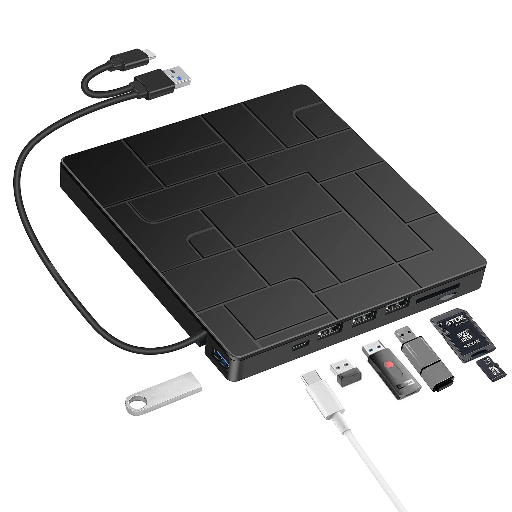 外付けDVDドライブ USB 3.0 Type-C DVDプレーヤー USBポート4つとSDカードリーダー付き ノートパソコン用 ポータブルディスクドライブ CD ROMライターバーナー ノートパソコン デスクトップ PC Windows MacBookのサムネイル