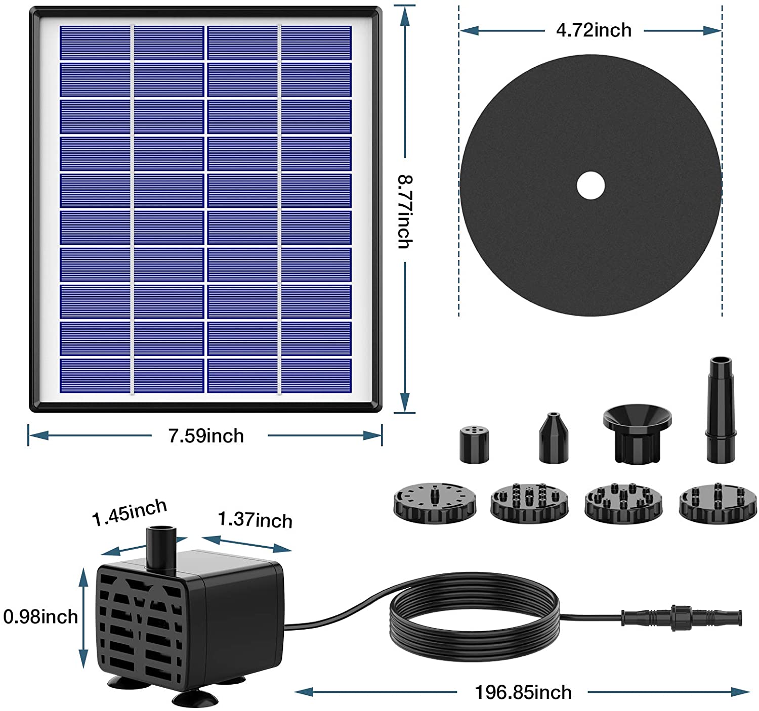 ソーラーポンプ ソーラー噴水ポンプ10v 5w ガーデン用噴水 丸型太陽噴水ポンプ 屋外 太陽光充電 1500mAhバッテリー付き 水面に設置 酸素供給 水循環 ウォーターポンプ ノズル6つ付き 水槽 プール用 池　バードバス 庭の装飾用 ガーデン用 2