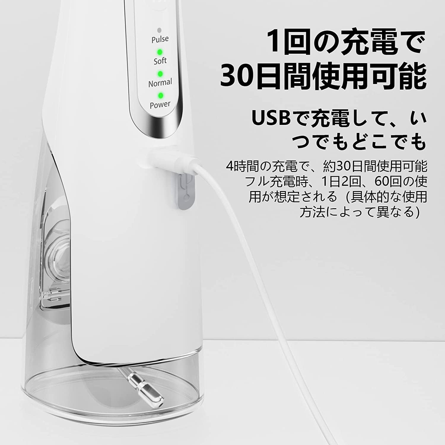 口腔洗浄器 強力なバッテリ 310mlの大容量水タンク USB充電式 IPX7防水 ウォーターフロス 4段階調整 口腔洗浄機 スペアノズル3種（計4本）家庭用 (White) 3