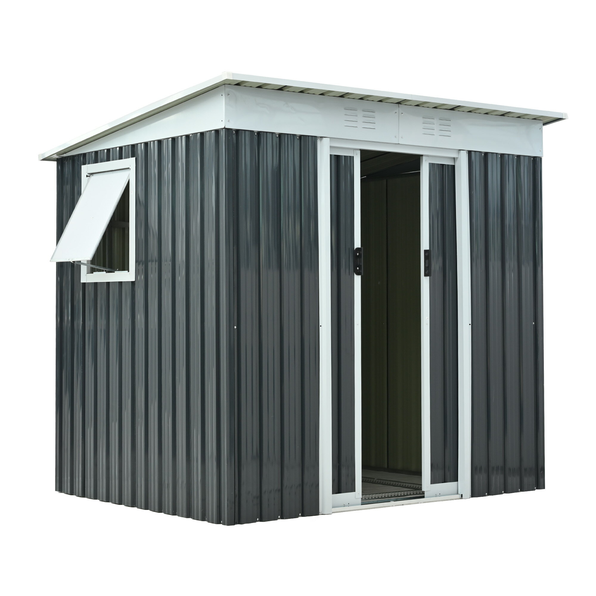 【可動棚&すべり出し窓付き】物置 屋外 スチール 倉庫 床材補強フレーム付き 戸外収納庫 W194cm*D152cm*H174cm　 物置き おしゃれ 大型 収納庫 屋外物置 防さび ベランダ 防水 ドア スチール物置 屋外収納 ガーデニング 庭 新作【ブルーグレー】