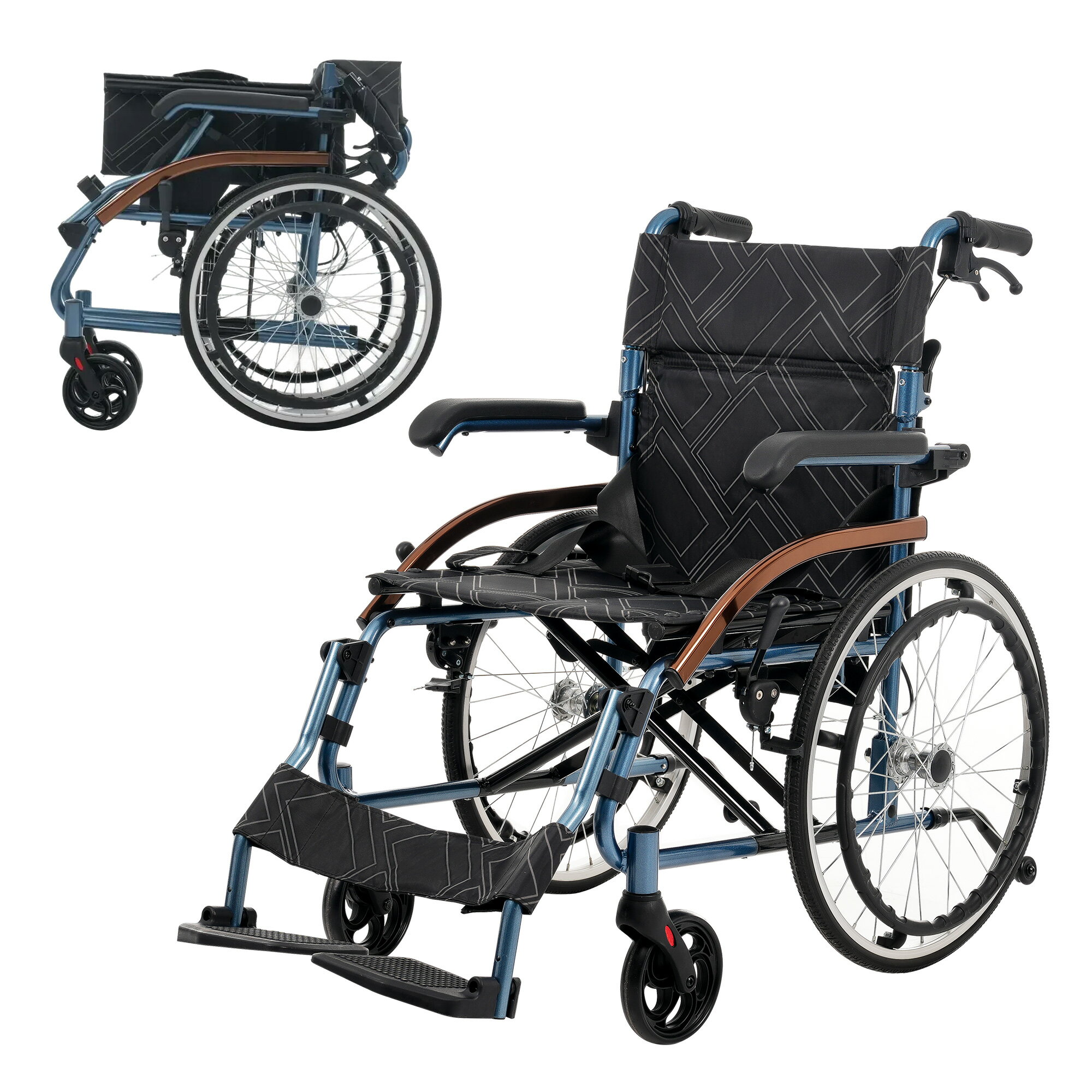 車椅子 アルミ製 軽量 四輪 自立可能 防水生地 ノーパンクタイヤ 介助ブレーキ付き コンパクト 折りた..