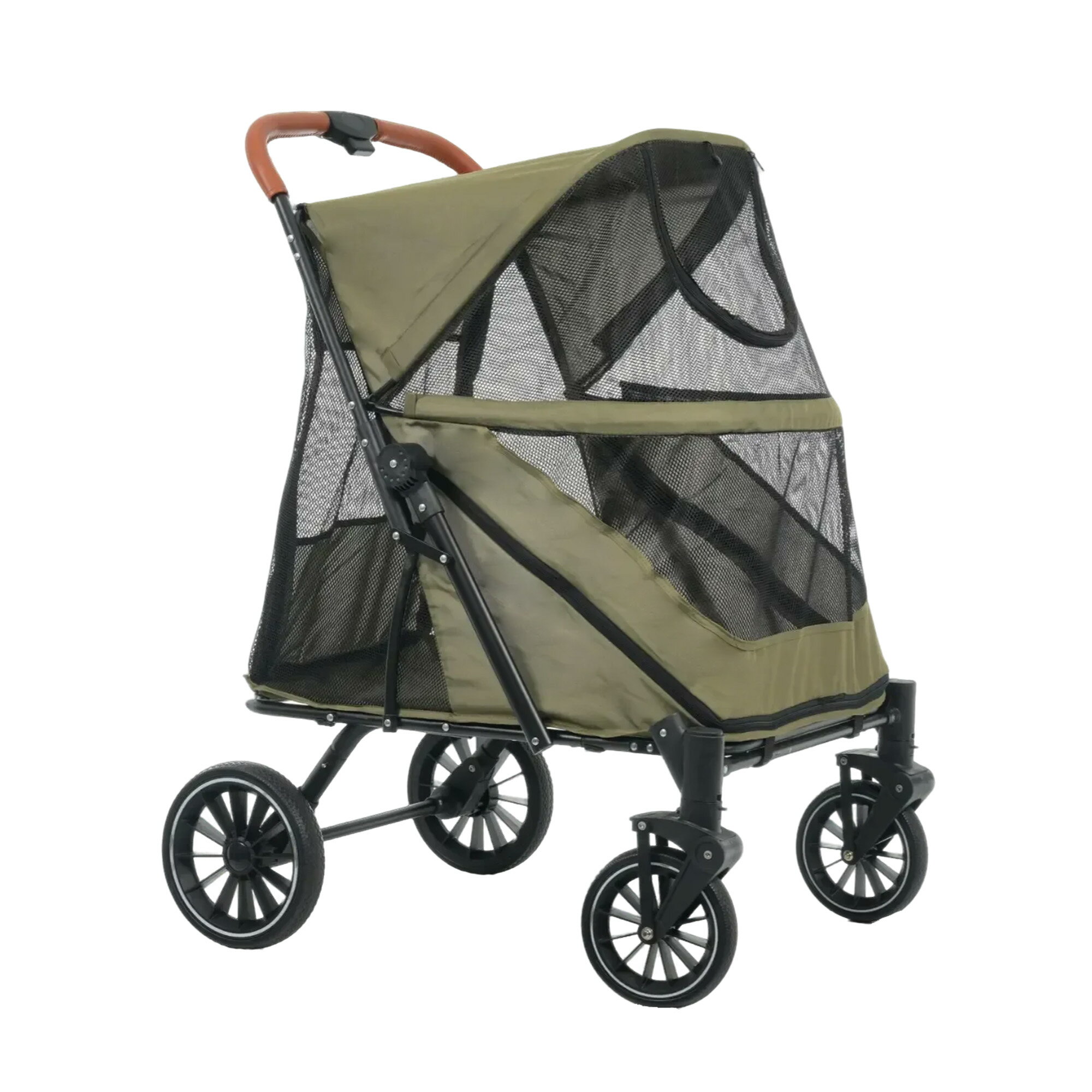 ペットカート 耐荷重50kg 大型犬対応 前後ドア 乗りやすい 折りたたみ 多頭 ワンタッチ折り畳み 中型犬 小型犬 猫 軽量 組立簡単 工具不要 介護用 ドッグカート 犬 猫 動物 ペット用品【オリーブグリーン】