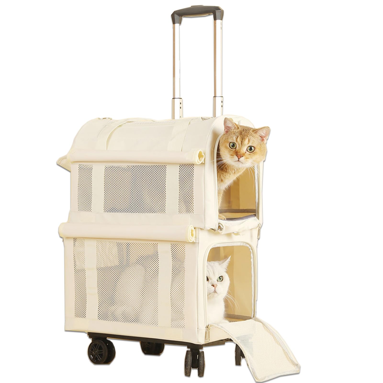 ポータブルペットキャリーバッグ ユニバーサルホイール付き 4輪360度回転 上下2層バッグ 折り畳み式 大..