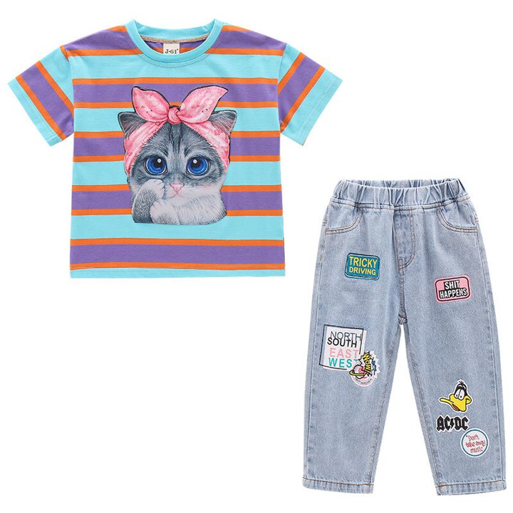 【子ども】猫柄ストライプTシャツとカジュアルジーンズ 2点セット 水色×ピンク キ...