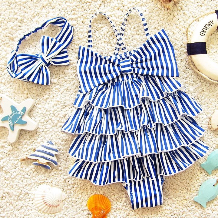 【楽天スーパーSALE】【子ども】女の子 水着 ワンピース ヘアバンド付き ブルー ストライプ フリル プリンセス 90 100 110 120 130cm ベビー キッズ